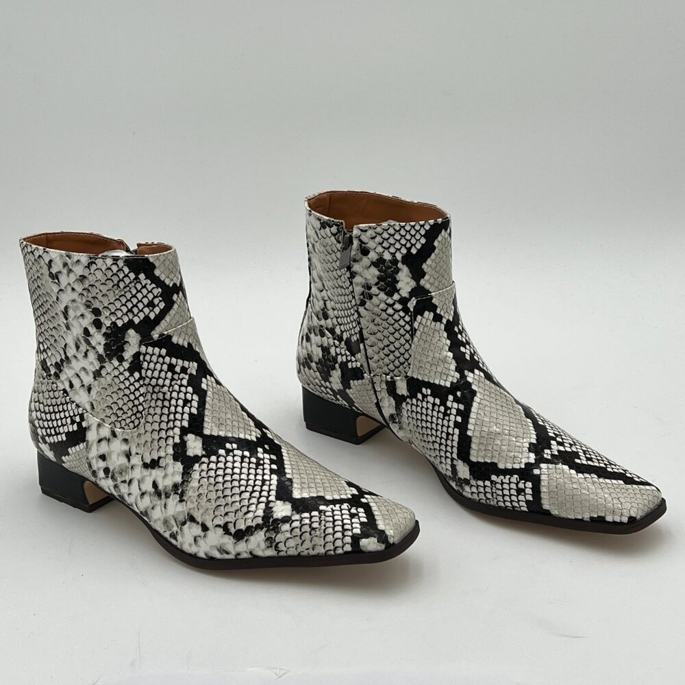 FOWT Snakeskin Square Toe Side Zipper Ankle Boot Block Low Heel Dress Shoes